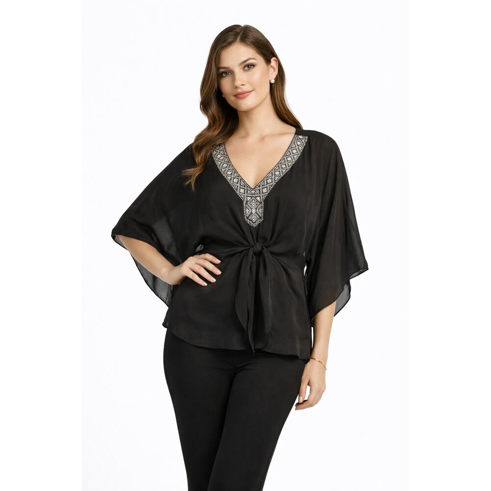 WHBM Women's M Beaded Poncho Top Black Sheer Lined V Neck Flowy Boho Chic EUC